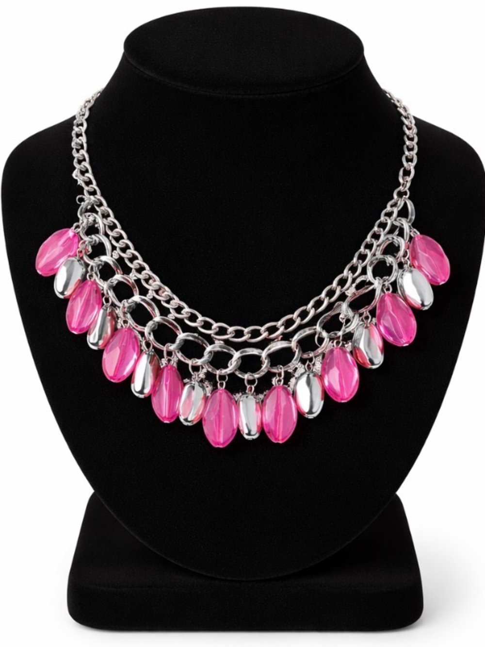 Silver Chain Pink Bead Collar Necklace with Matching Earrings